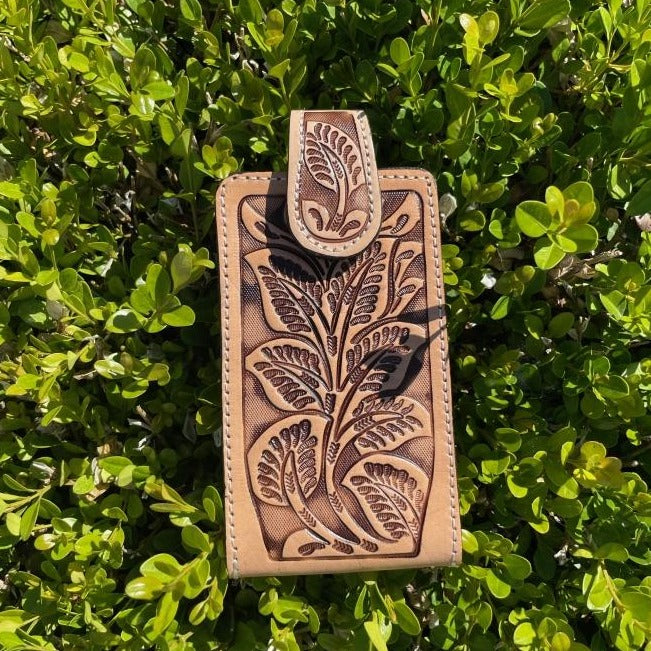 Belt Holster for phone with plant design, made with Leather, Color Natural, Made in Mexico