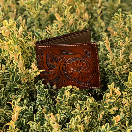 Bifold Wallet with Flower Design, Color Mahogany Brown, Made in Mexico