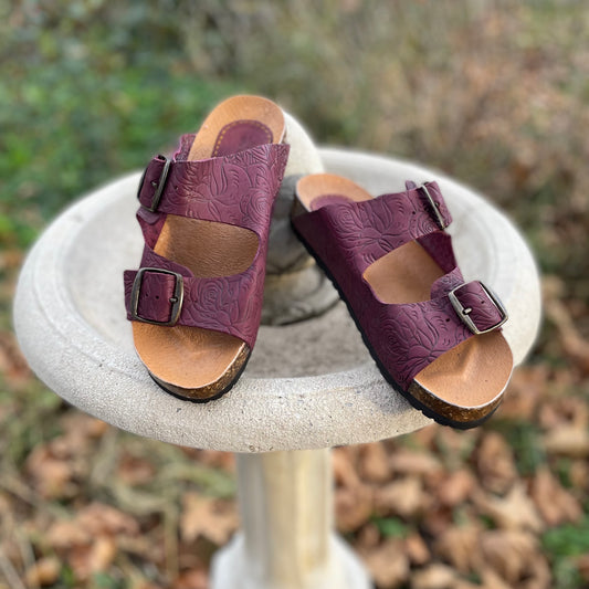 Tooled Sandals with double straps with buckles, Color Plum Purple