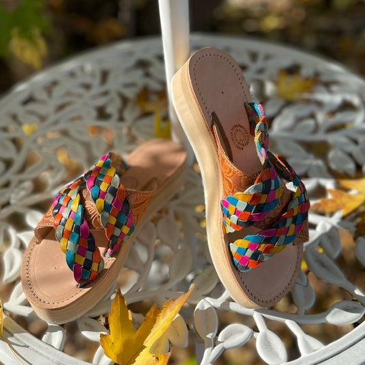 Platform Huarache Sandals, Base color brown with multi colored Straps, Made in Mexico