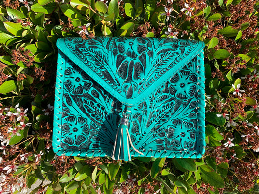 Envelope Crossbody Artisan Bag with tassel, Color Turquoise Aqua