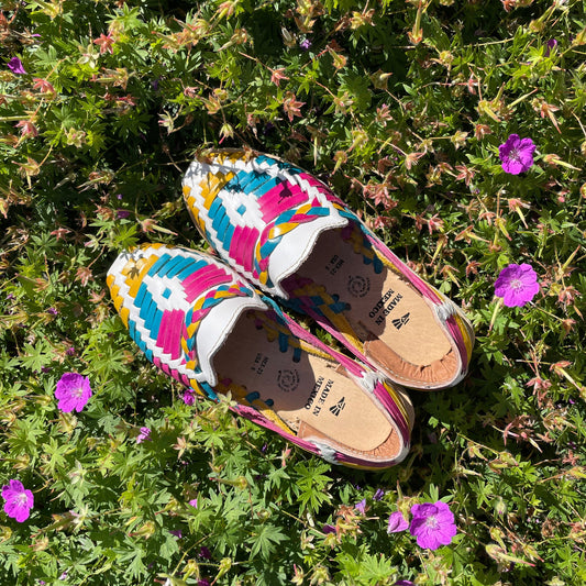 colorful rainbow huarache sandals loafer white yellow magenta blue made in mexico leather breathable