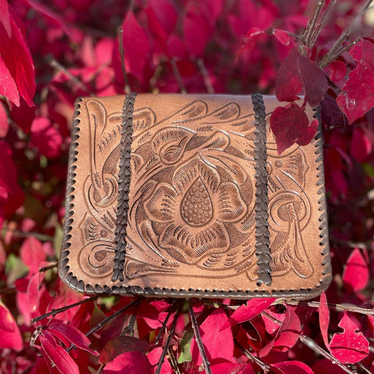 tooled leather mexico artisan leaf flower rustic brown mini messenger bag