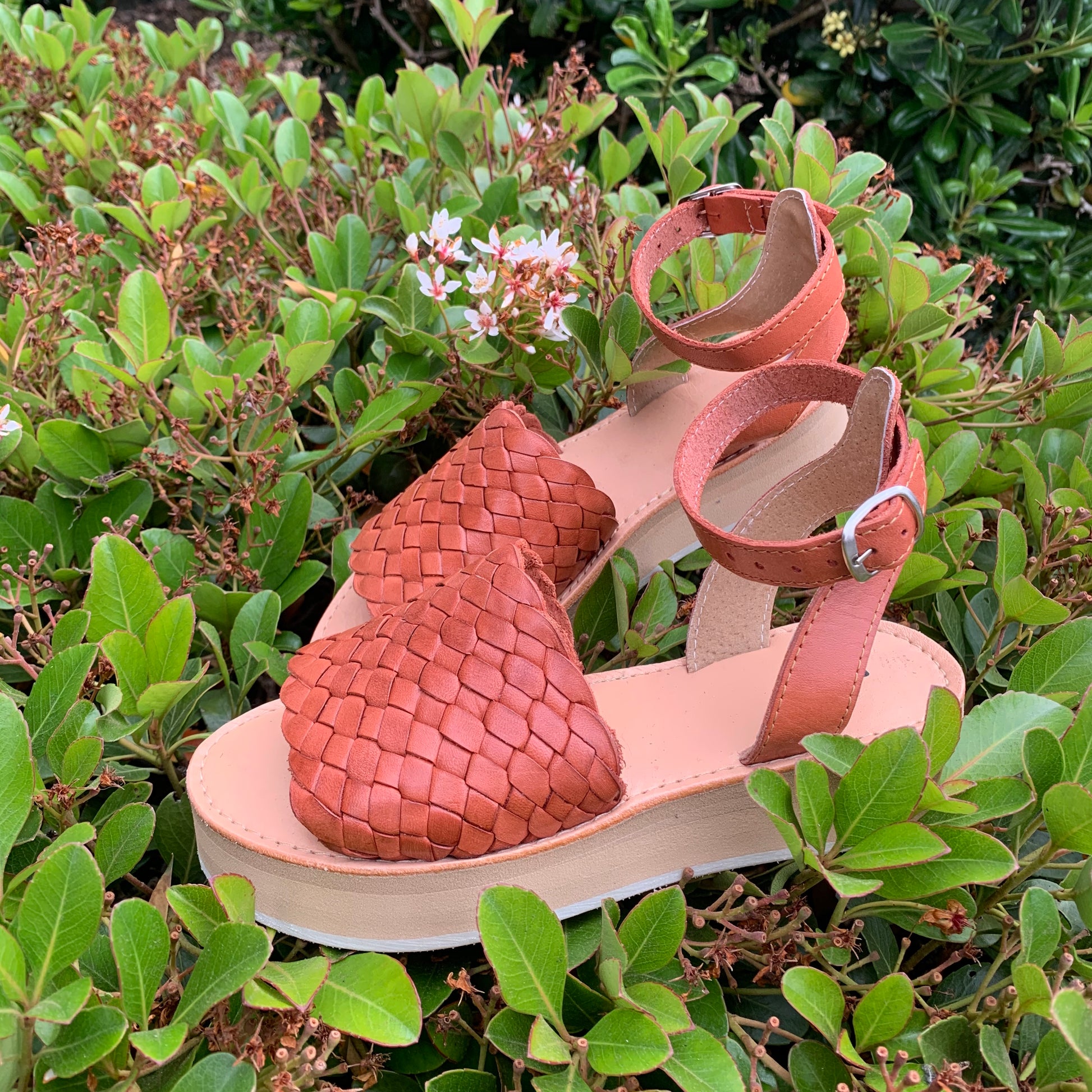 Platform huarache sandals with Ankle Strap, Color Rich Brown, Made in Mexico