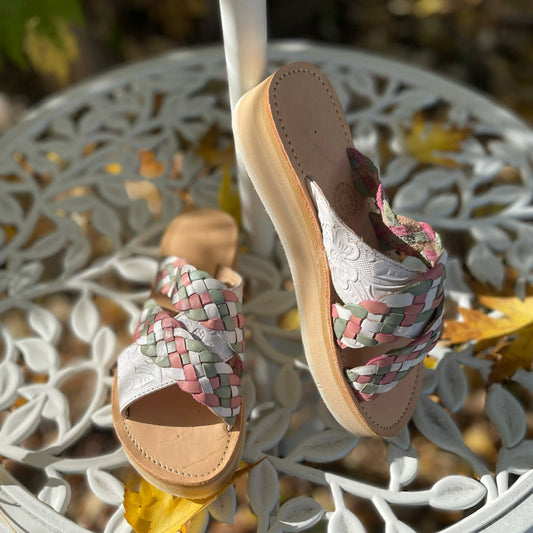 Platform Huarache Sandals, colored white green and pink pastel Straps, Made in Mexico