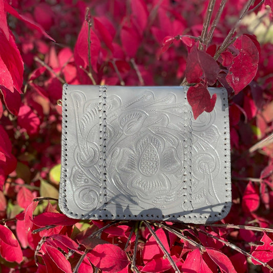 tooled leather mexico artisan leaf flower grey gray mini messenger bag