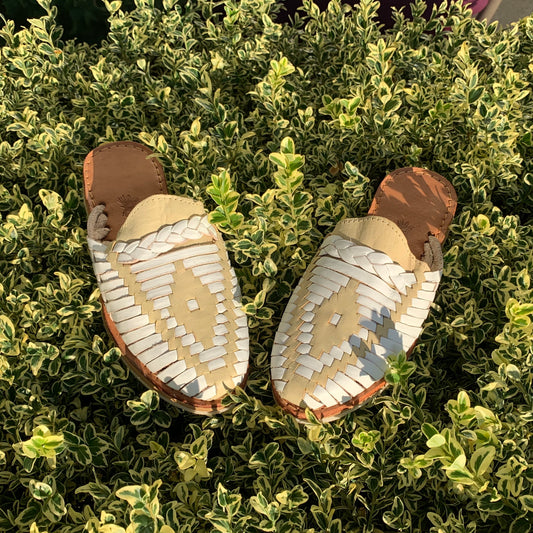 mule Huarache Sandals, Color White with Pastel Yellow, Made in Mexico 